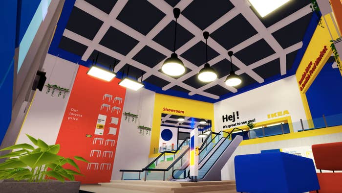 Interior of an IKEA store with escalators, seating area, and various signage, including a greeting &quot;Hej! It&#x27;s great to see you!&quot; and product displays