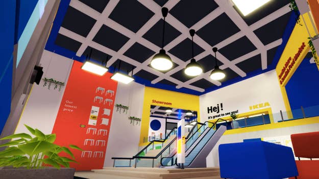 Interior of an IKEA store with escalators, seating area, and various signage, including a greeting "Hej! It's great to see you!" and product displays