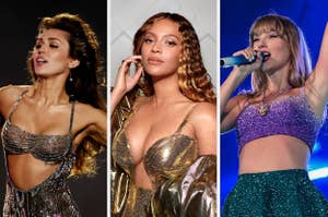 Miley Cyrus, Beyoncé, and Taylor Swift on stage; Cyrus and Swift in sparkling crop tops, Beyoncé in an elegant, shimmery dress