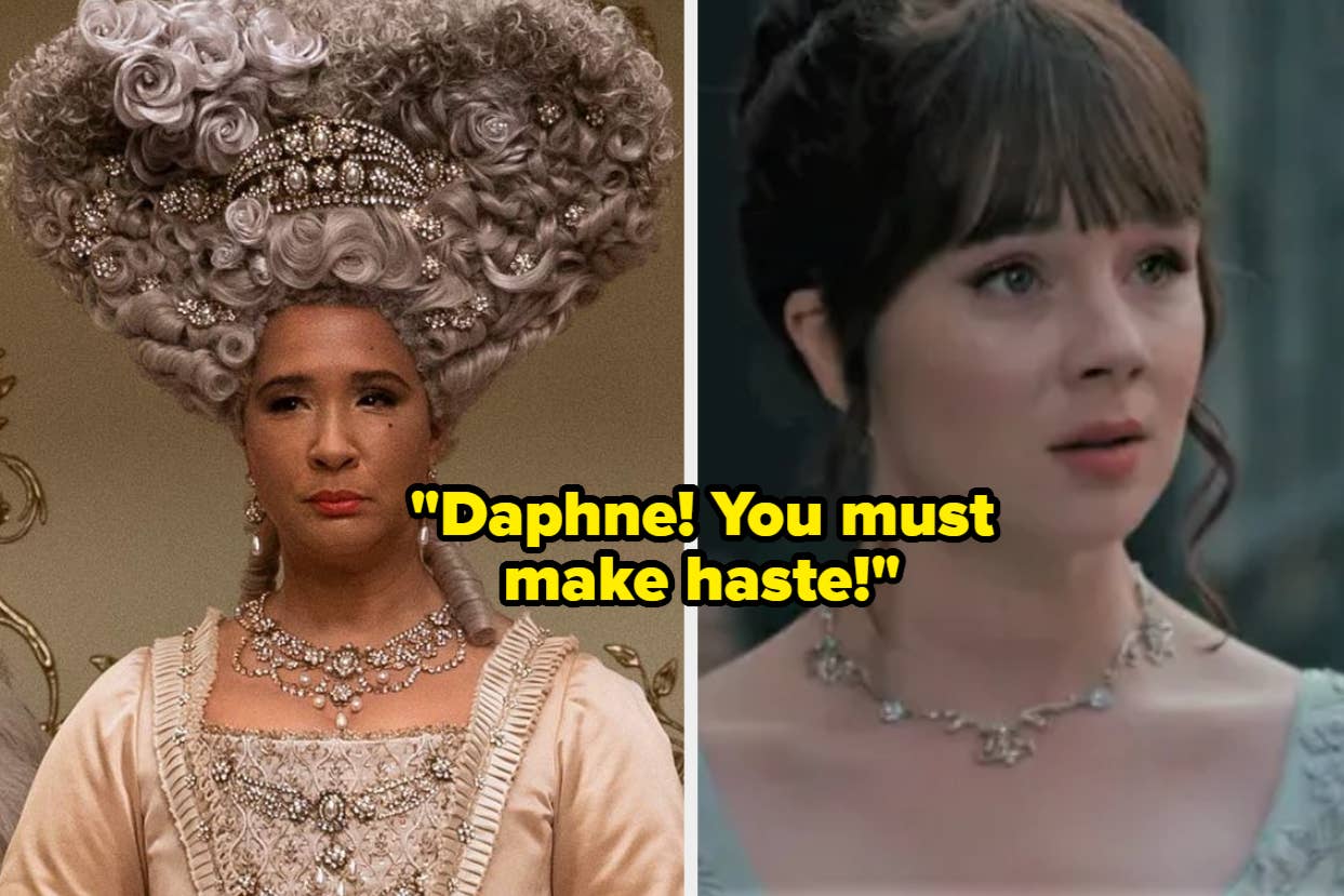 Golda Rosheuvel in an extravagant historical wig and corset, and Phoebe Dynevor in a worried expression with a caption: "Daphne! You must make haste!"