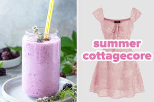A lavender smoothie with a yellow straw and berries beside a pink lace summer dress with the text "summer cottagecore."