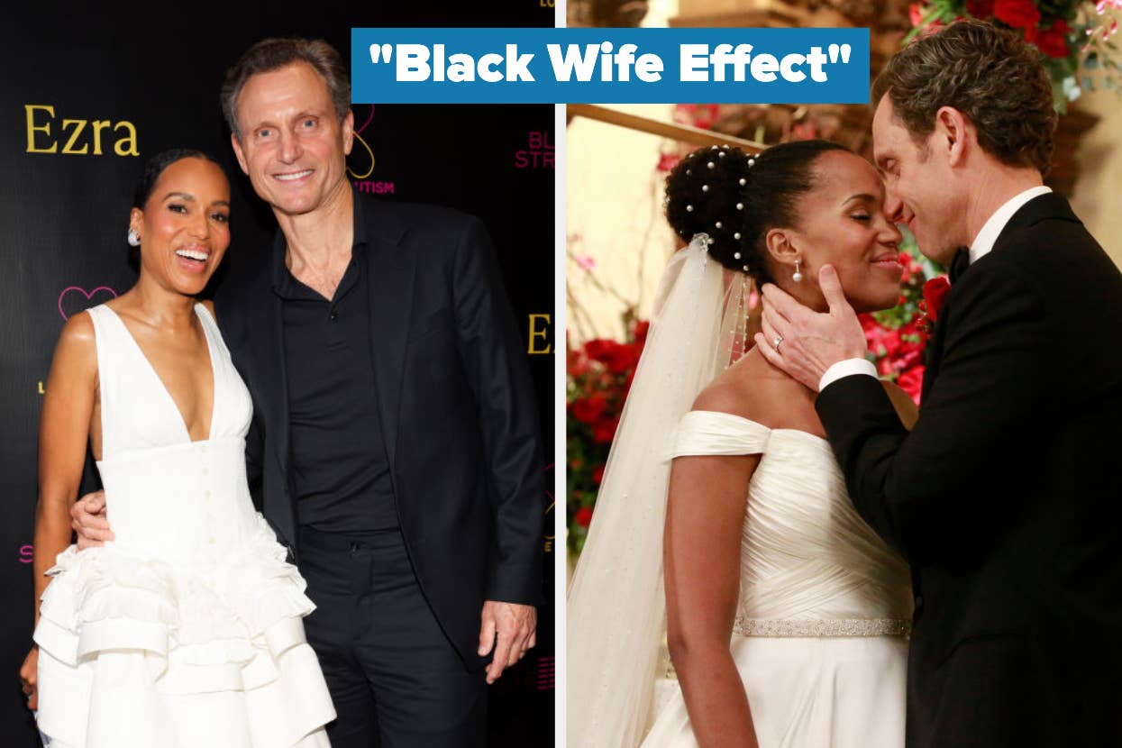 Kerry Washington and Tony Goldwyn posing together; Kerry in a white ruffled dress and Tony in a navy suit. A second photo shows them in wedding attire, embracing. Text: "Black Wife Effect"