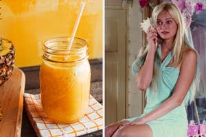 A glass of orange smoothie with a straw is on the left; on the right, a woman with long blonde hair in a light dress holds a phone to her ear