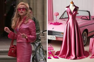 Elle Woods in a pink outfit, from "Legally Blonde," standing outside. Beside her, a pink satin ball gown displayed on a mannequin next to a pink convertible