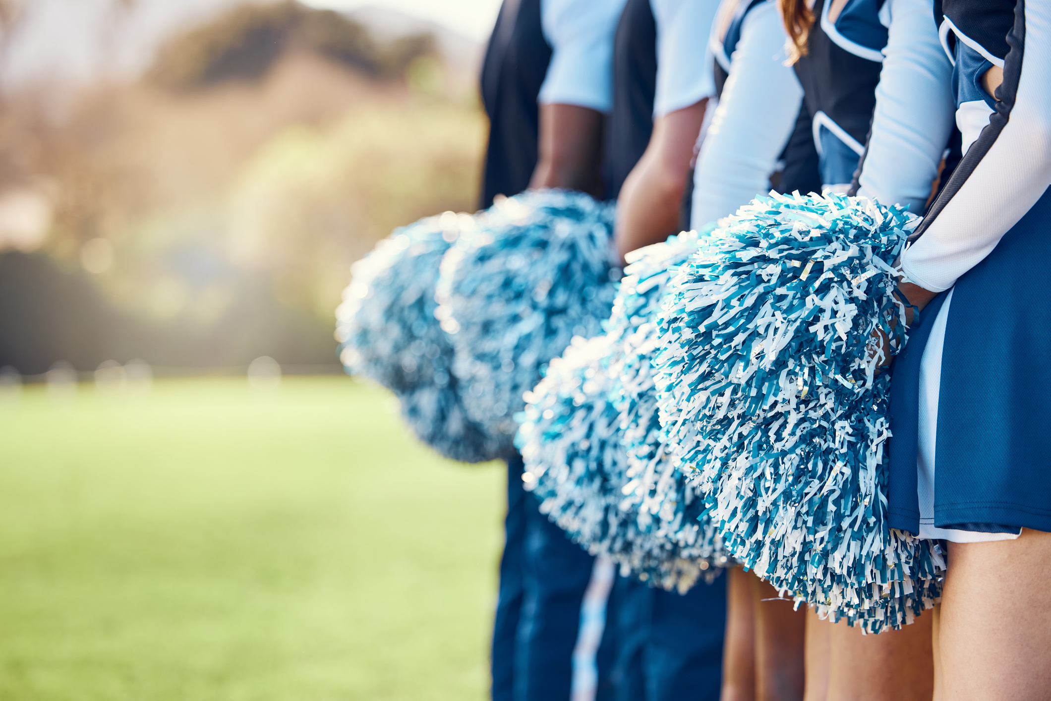 A line of cheerleaders, holding pom-poms behind their backs, stands in formation on a grassy field, facing away from the camera
