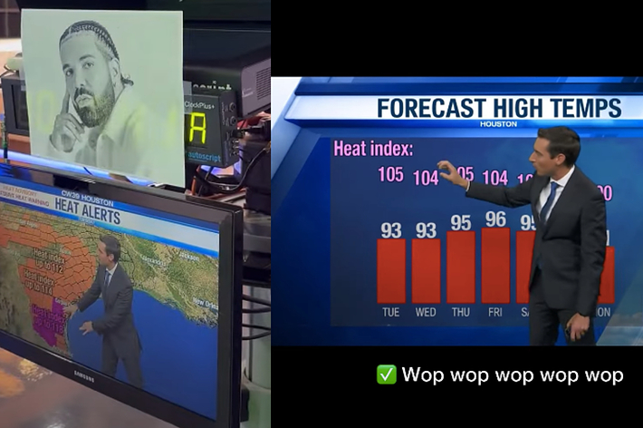 Drake's image appears above a heat warning map. A news anchor forecasts high temperatures in Houston for the week, showing heat indices from 93 to 105 degrees