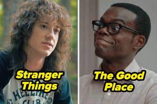 On the left, Joseph Quinn as Eddie Munson from Stranger Things; on the right, William Jackson Harper as Chidi Anagonye from The Good Place