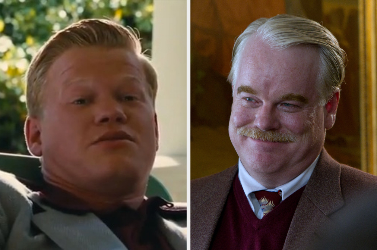 Side-by-side images of Jesse Plemons and Philip Seymour Hoffman, both wearing suits and displaying relaxed expressions