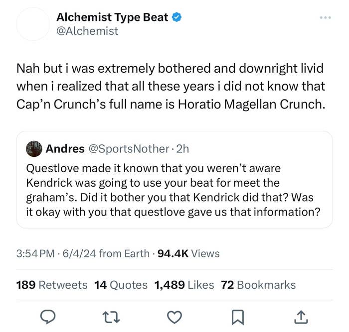 Twitter post by Alchemist Type Beat expressing surprise that Cap&#x27;n Crunch&#x27;s full name is Horatio Magellan Crunch. The post received significant engagement