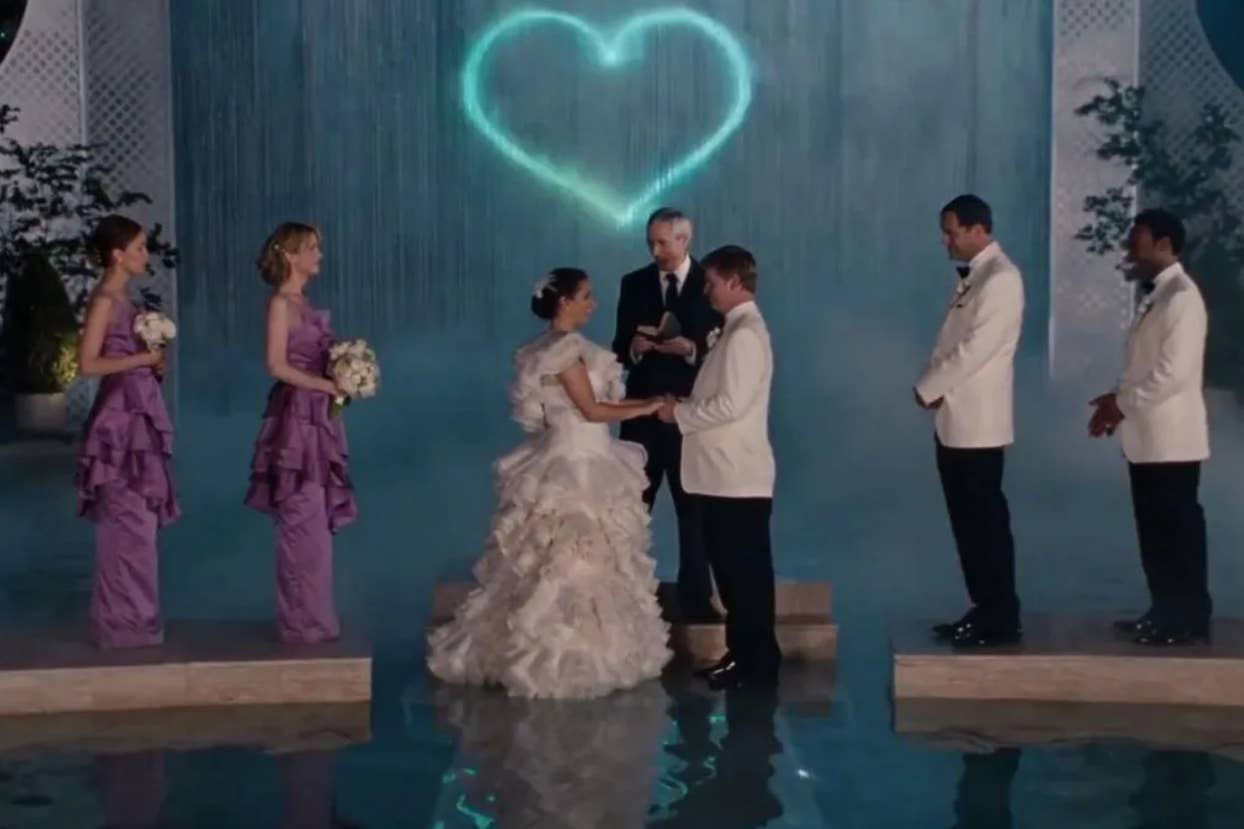 A wedding scene with the bride and groom exchanging vows, two bridesmaids in ruffled dresses, and two groomsmen in white jackets watching