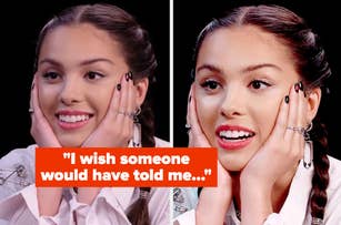 Olivia Rodrigo looks thoughtful in two side-by-side images with the text, "I wish someone would have told me..."