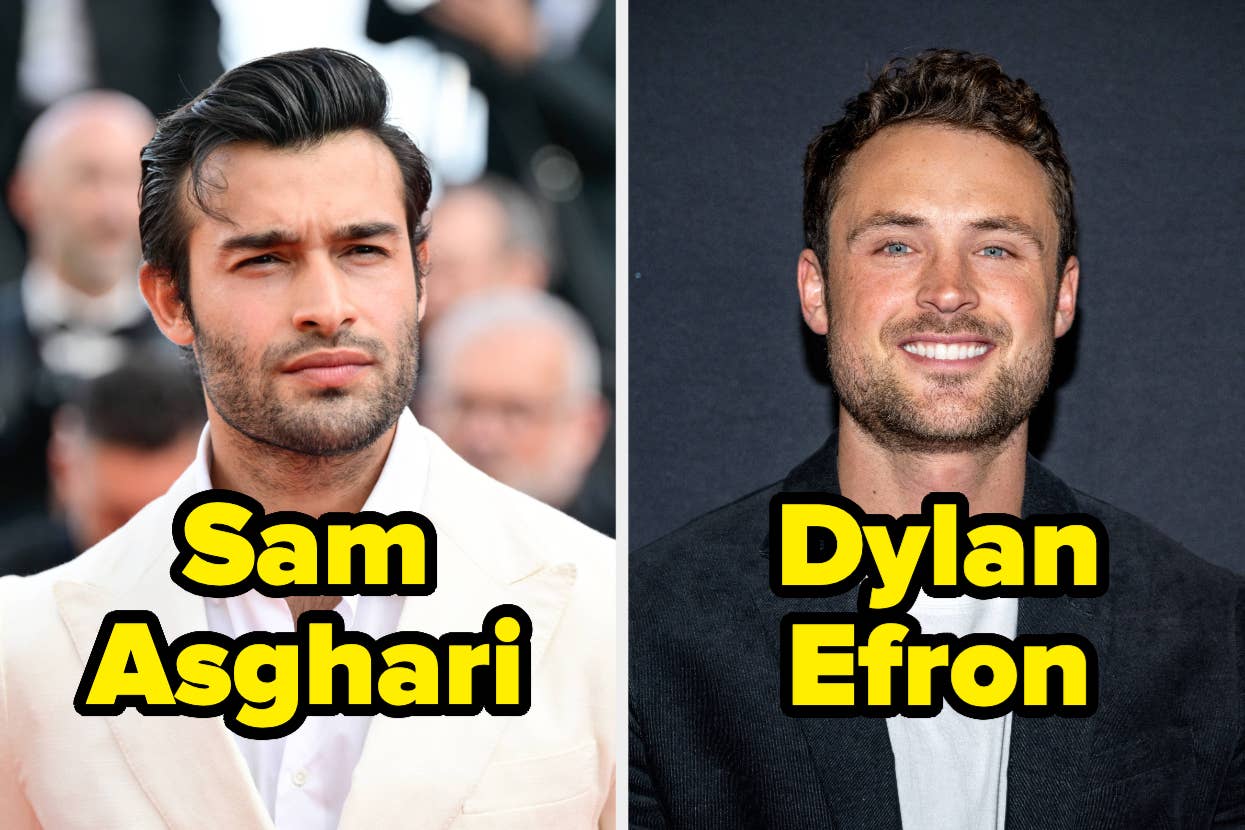 Sam Asghari, in formal attire, and Dylan Efron, in a casual jacket, are side by side. Their names are in bold yellow letters below their images