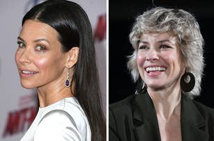 Evangeline Lilly on the left is wearing a sleek outfit and gemstone earrings. Evangeline Lilly on the right is smiling in a casual outfit with short hair and hoop earrings
