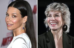 Evangeline Lilly on the left is wearing a sleek outfit and gemstone earrings. Evangeline Lilly on the right is smiling in a casual outfit with short hair and hoop earrings