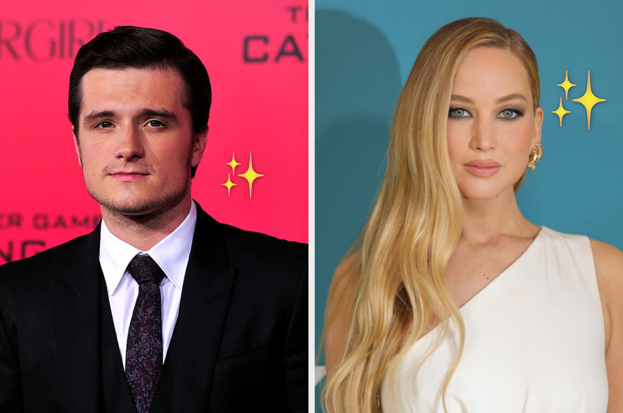 Josh Hutcherson in a suit and tie on the left, Jennifer Lawrence in a white gown on the right. Both have sparkles near them