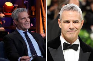 Andy Cohen is smiling in a suit and tie during an interview on the left side of the image. On the right side, he is dressed in a tuxedo at a formal event