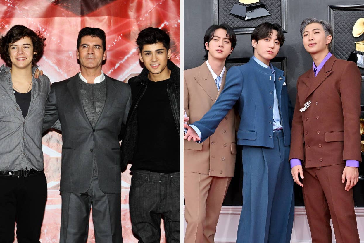 Harry Styles, Simon Cowell, and Zayn Malik pose together; Jin, Jungkook, and RM of BTS in stylish suits on a formal event red carpet