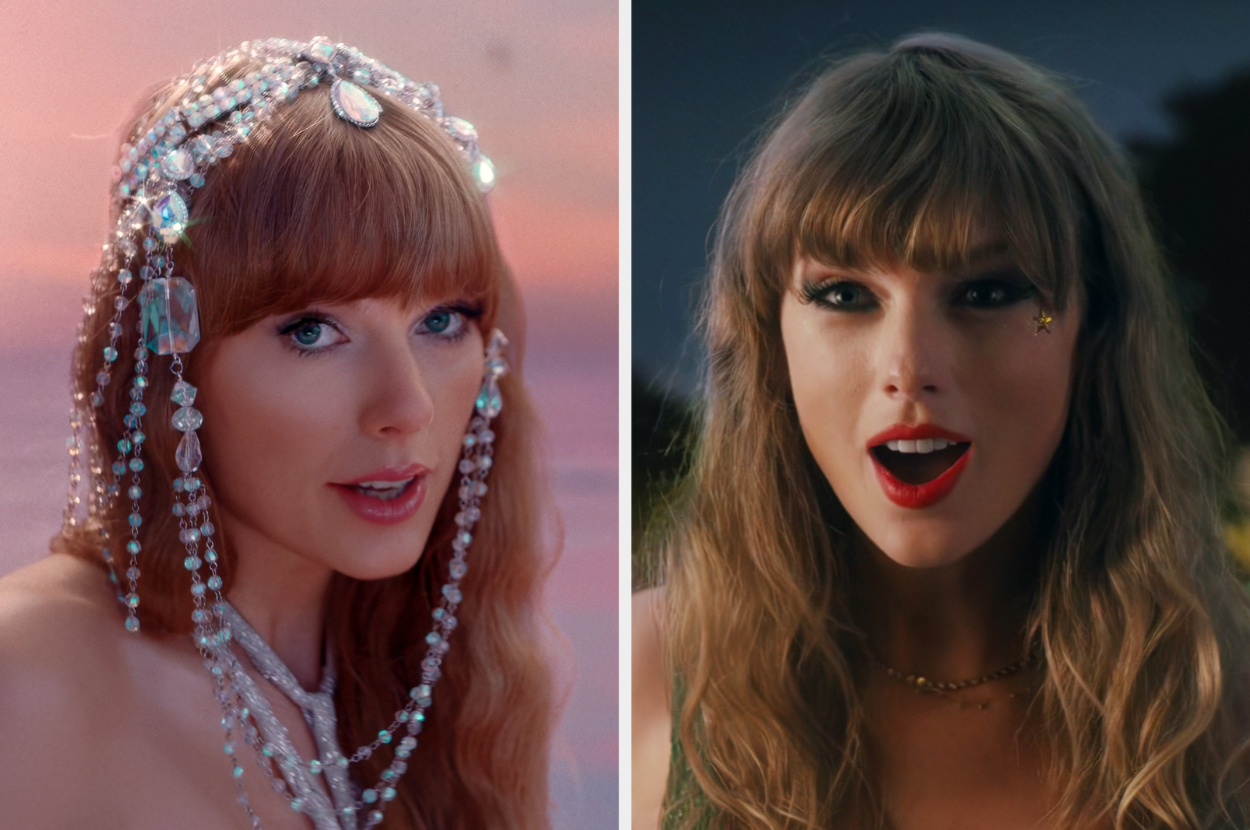 Taylor Swift in two images side by side: left, wearing beaded head jewelry; right, wearing red lipstick and a star sticker near her eye