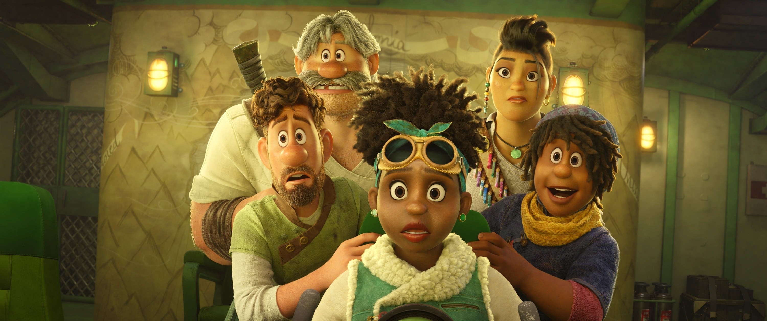 The characters from &quot;Strange World&quot; show various expressions of surprise and concern. They are in a room with green chairs and walls, with lights on the walls