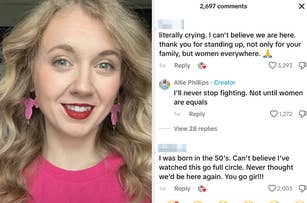 Allie Phillips shares a video about being denied a medically necessary abortion. Comments show support and discuss the struggle for women's rights, including one noting a return to past issues