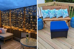 Two outdoor patio setups: one with string lights on a wooden fence, seating, and a glass table; the other with a wooden bench, decorative pillows, and a blue ottoman