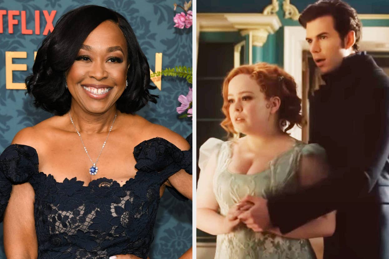 Shonda Rhimes smiles at a Netflix event. Beside her, a scene from Bridgerton features Nicola Coughlan dressed in period attire and Luke Newton looking surprised