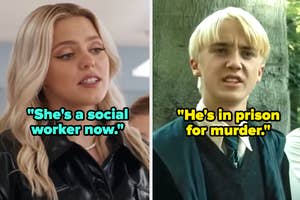 Left: Woman in a black leather jacket captioned "She's a social worker now." Right: Man with blond hair in a suit captioned "He's in prison for murder."