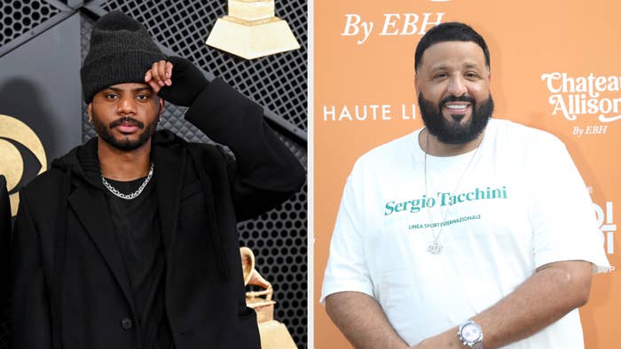 Bryson Tiller in casual attire stands on the left, DJ Khaled in a white shirt smiles on the right at a music event