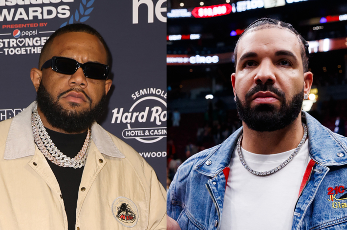 Southside wearing a jacket with patches and sunglasses at an event. Drake in a denim jacket and chain necklace at a sports arena