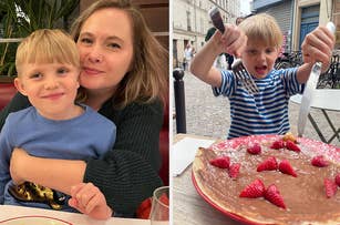 Emily and Henry in Paris; Emily hugs Henry in a café, and Henry excitedly cuts into a large pancake topped with strawberries while dining outside
