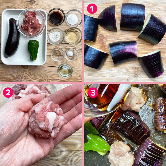 番号付きの調理過程画像。1. 材料とナスのカット、2. 手に乗せた肉、3. 調理中のナスと肉。
