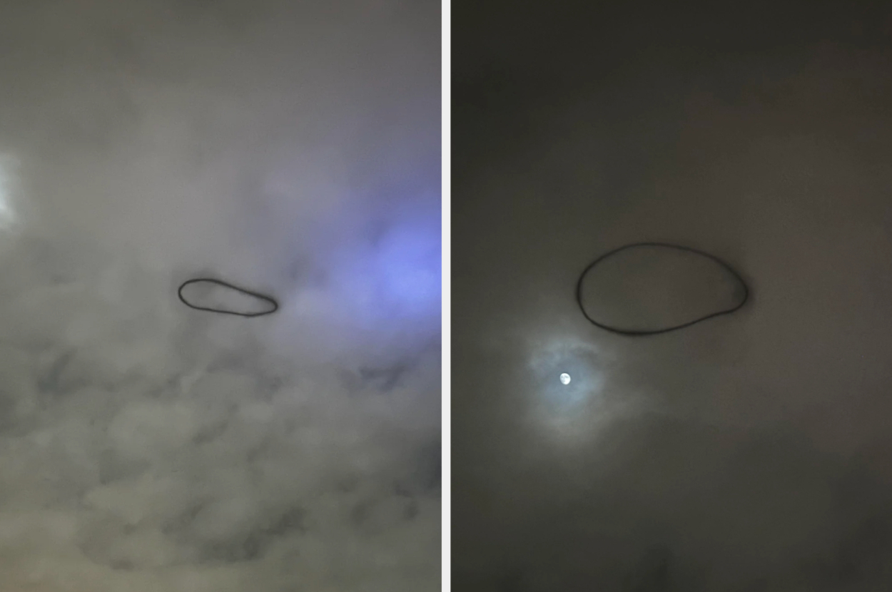 Two photos of a mysterious dark ring hovering in the night sky. One photo shows it with a faint light, the other with a moon visible