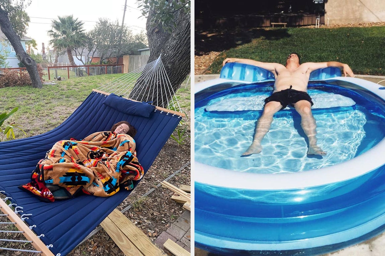 Two images: Left shows two dogs on a striped pet bed, right shows a person relaxing on a floating pool ring