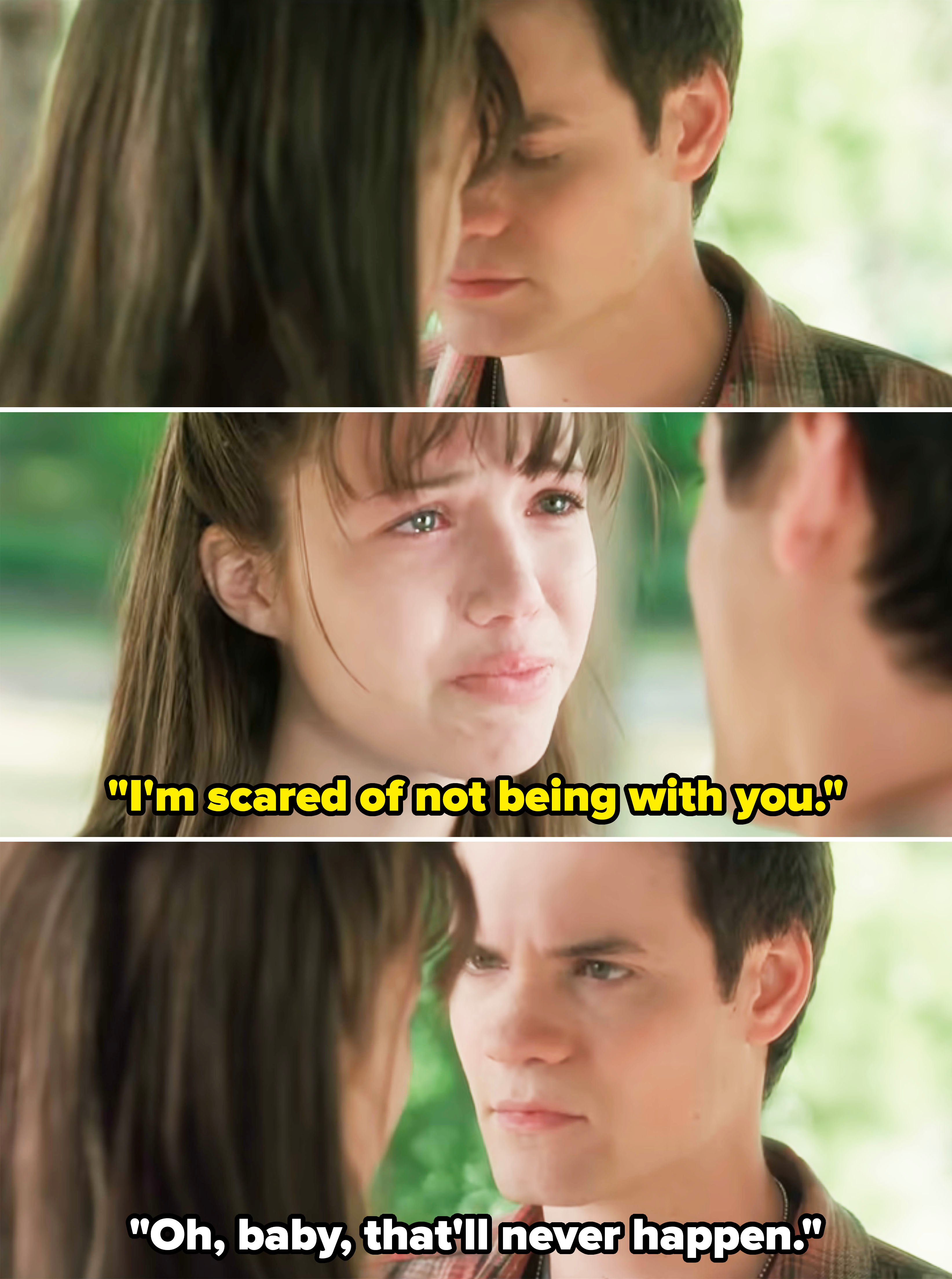 Mandy Moore and Shane West are in a three-part sequence from the movie "A Walk to Remember." They are emotional and facing each other closely