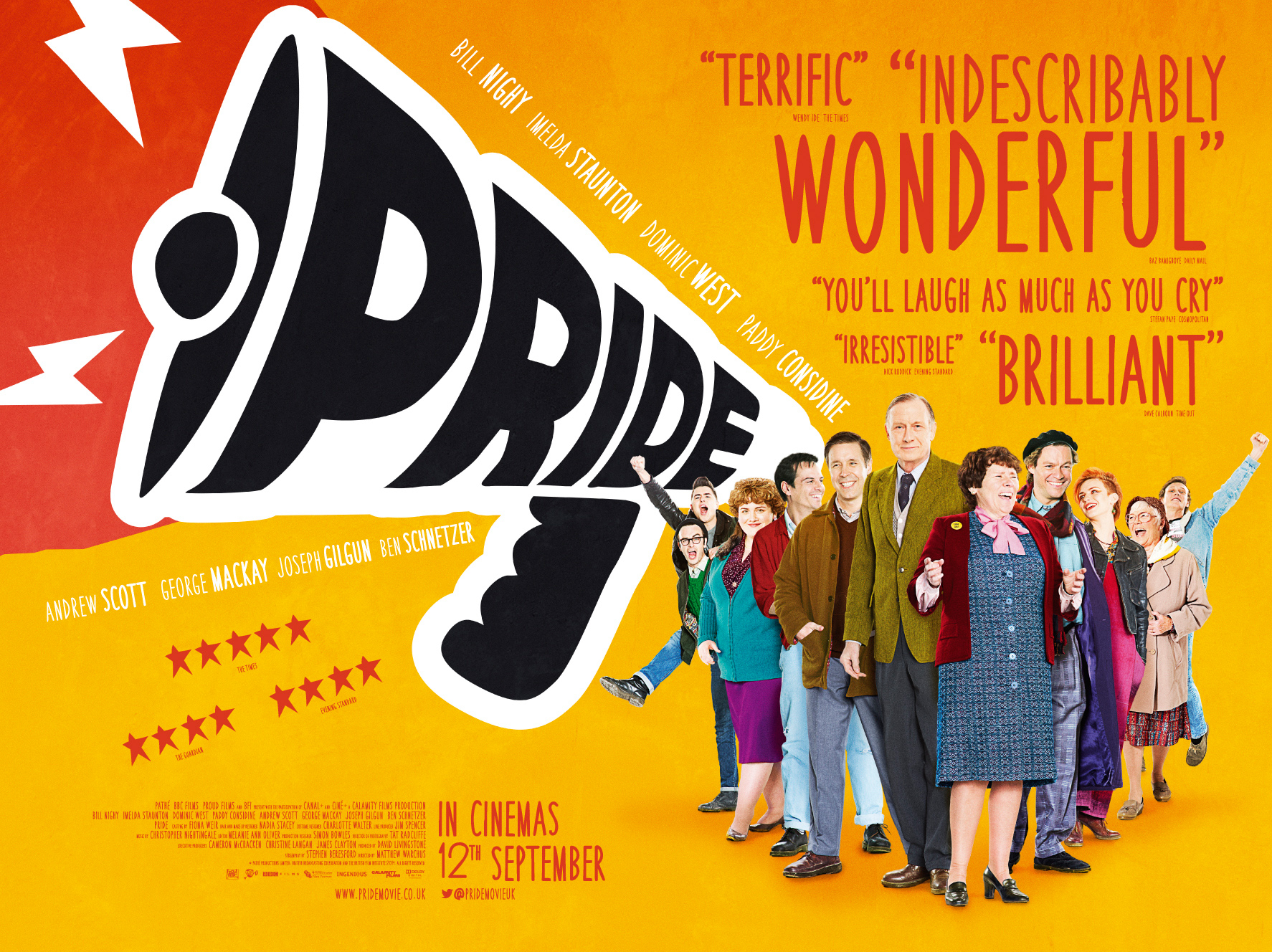 Movie poster for &quot;Pride&quot; featuring Andrew Scott, George MacKay, Joseph Gilgun, and Imelda Staunton with positive reviews and a release date of September 12
