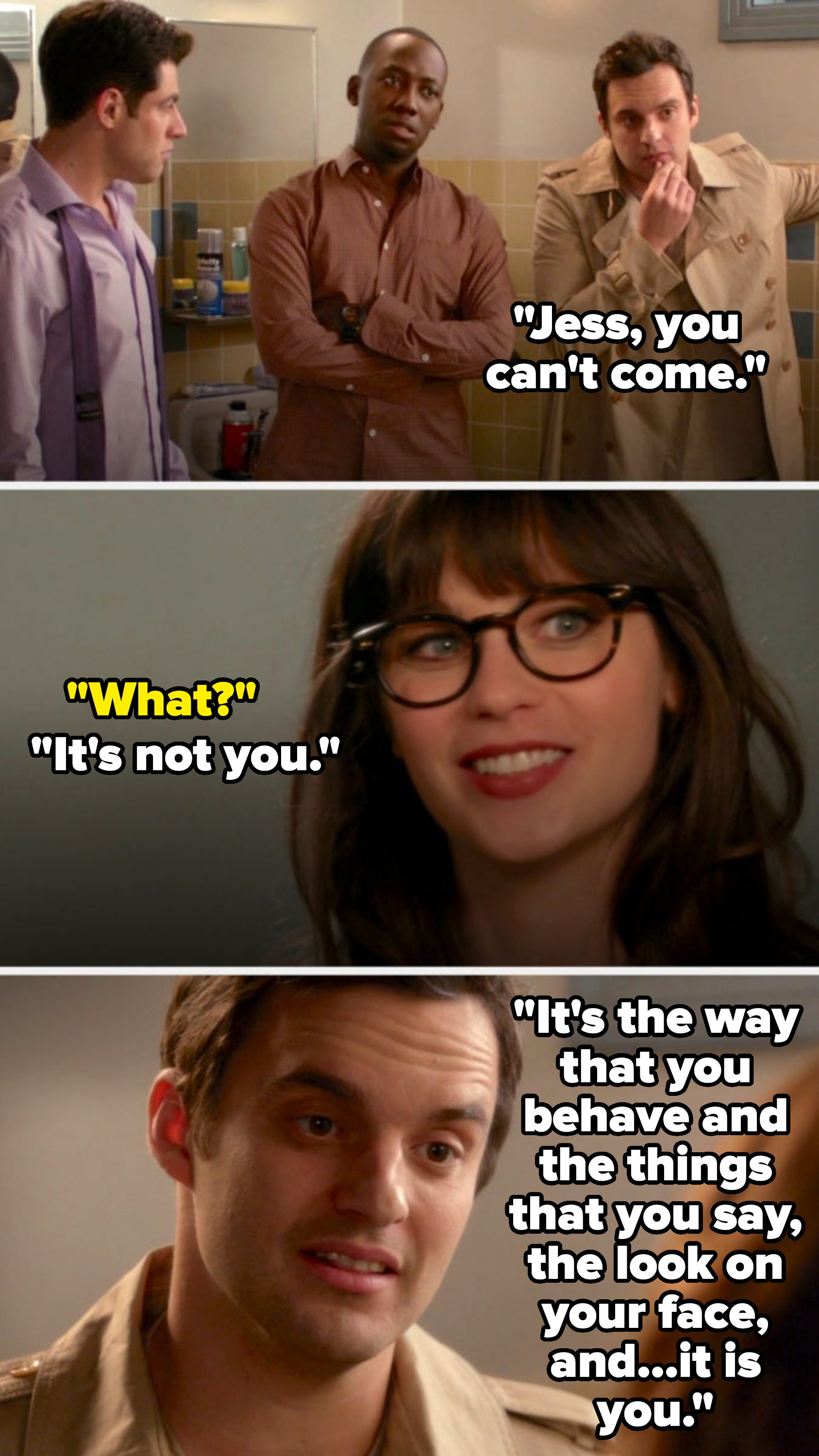 A scene from the TV show "New Girl" featuring Max Greenfield, Lamorne Morris, Jake Johnson, and Zooey Deschanel in casual attire