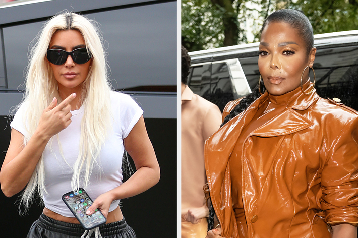 Kim Kardashian in casual attire with a white top and gray pants. Janet Jackson in a stylish brown leather outfit with her hair pulled back