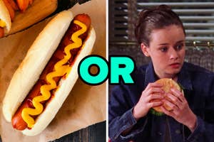 On the left, a hot dog with ketchup and mustard, and on the right, Rory Gilmore eating a burger with or typed in the middle