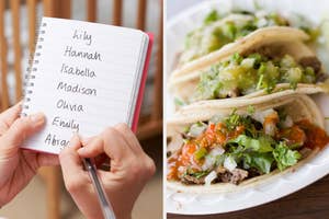 On the left, a notebook full of names, and on the right, some street tacos