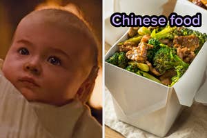 On the left, baby Renesmee from Twilight, and on the right beef and broccoli in a takeout container labeled Chinese food