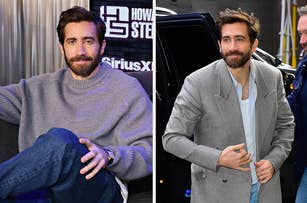 Jake Gyllenhaal in two settings: wearing a casual sweater and jeans in a relaxed pose; wearing a stylish blazer and shirt arriving at an event