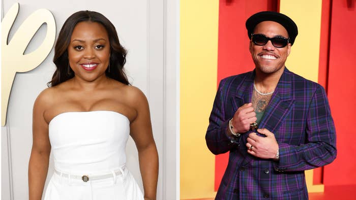 Quinta Brunson in a strapless dress and Anderson .Paak in a plaid suit and sunglasses