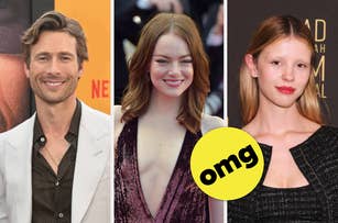 Glen Powell, Emma Stone, and Mia Goth are pictured at different events. Emma wears a deep V-neck dress, Glen is in a suit, and Mia wears a structured dress. The word "omg" is in a yellow circle