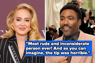 Adele in a pinstriped suit stands next to Donald Glover in a tan suit. A quote between them reads: "Most rude and inconsiderate person ever! And as you can imagine, the tip was horrible."