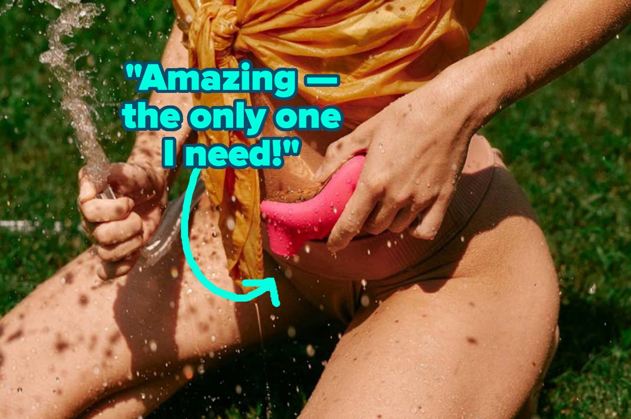 Person pouring water on themselves, holding a pink clitoral vibrator, with text "Amazing — the only one I need!"
