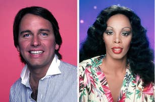 John Ritter in a striped shirt and Donna Summer in a floral patterned outfit in side-by-side headshots against plain backgrounds