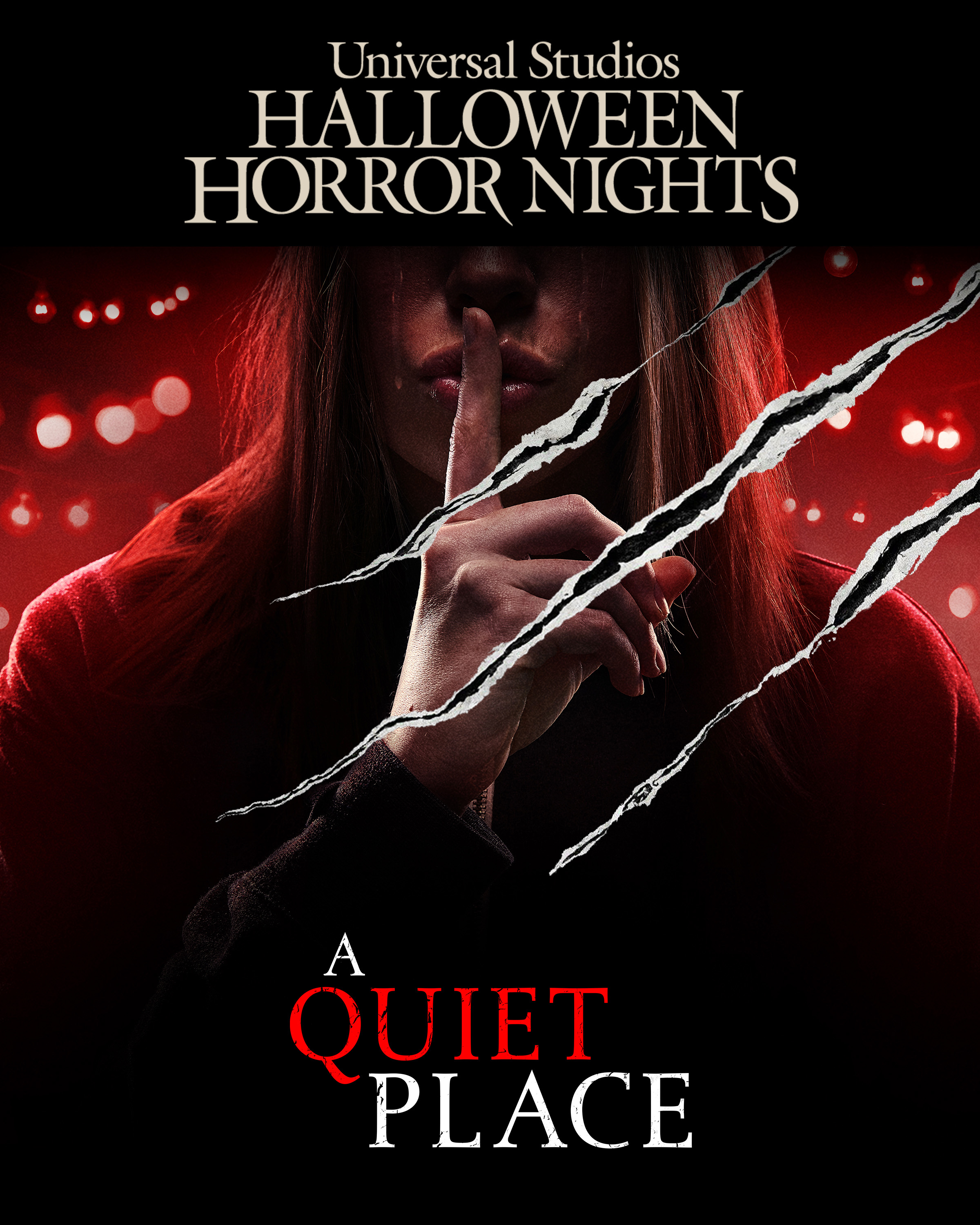 Promotional poster for Universal Studios Halloween Horror Nights, featuring a person holding a finger to their lips with the text "A Quiet Place"