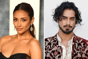 Shay Mitchell in a strapless dress and Avan Jogia in an ornate jacket posing for photos