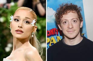 Ariana Grande in an elegant strapless dress with butterfly hair accessories and Ethan Slater in a dark sweater