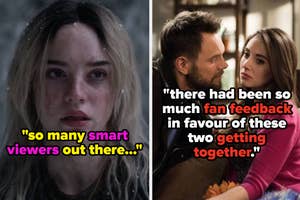 Left: Young woman looking distressed, caption reads, "so many smart viewers out there..."
Right: Joel McHale and Alison Brie close together, caption reads, "there had been so much fan feedback in favour of these two getting together."